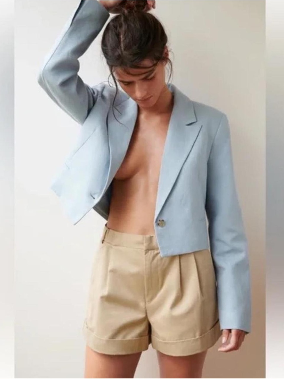 Zara Light Blue Linen Cropped Blazer - Picture 2 of 7